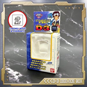 Puede incluir: Una caja Digivice D-3 de Digimon con una ventana de plástico transparente. La caja es blanca y azul con texto japonés e ilustraciones de personajes de Digimon. Incluye 2 pegatinas. La caja dice "D-3 DIGIVICE BOX".