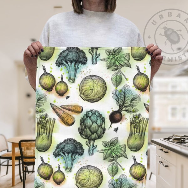 Organic Cotton Hemp Tea Towel with Vintage Vegetables in Watercolor print | Cotton Linen Canvas Kitchen Hand Towel | Free shipping