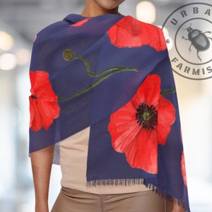 Lightweight Pashmina Scarf with Red Poppy Print, Dark Azurite Blue Wrap