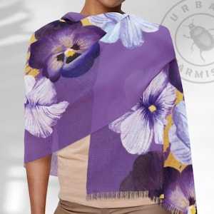 Semi-sheer Pashmina scarf with Violets on a purple base | Floral print from watercolor original | Soft shawl or wrap