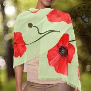 Lightweight Pashmina Scarf with Red Poppy Print, Lime Crème Green Wrap