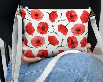 Hand Bag in Vegan Leather with Red Poppies | Crossbody strap | Florals from Original Watercolor Artwork | Free Shipping