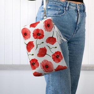 Porte-monnaie à maquillage coquelicot rouge - Trousse en cuir végétalien - Grand imprimé floral - Livraison gratuite - Fabriqué au Canada