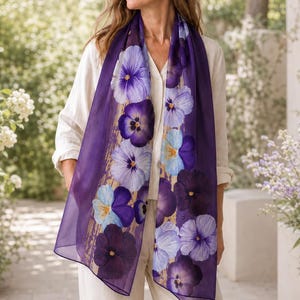 May include: A sheer purple scarf featuring a floral pattern of pansies in shades of purple, blue, and white. The scarf is draped around the neck and shoulders, creating a flowing, elegant look. The background is a soft, blurred outdoor setting.