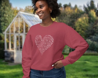 Mom Sweatshirt with "Mother" written in more than 50 languages heart-shaped | Lightweight Garment-dyed Crewneck Sweater | Free shipping