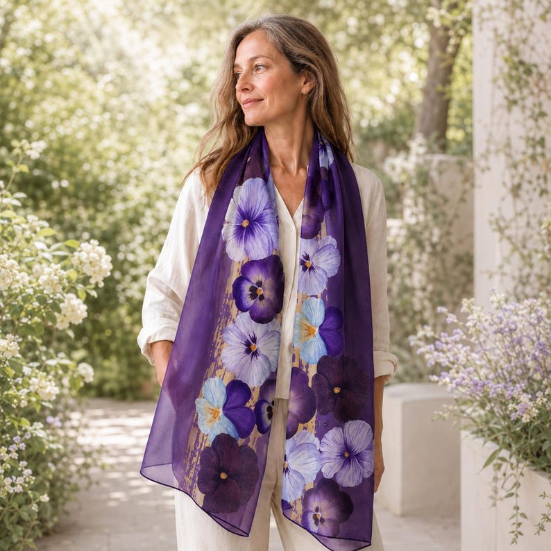 Purple fashion accessories - Long sheer voile purple floral scarf