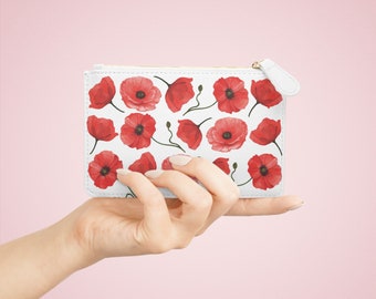 Mini pochette in pelle vegana - con papaveri rossi in acquerello - prodotta negli Stati Uniti - Spedizione gratuita