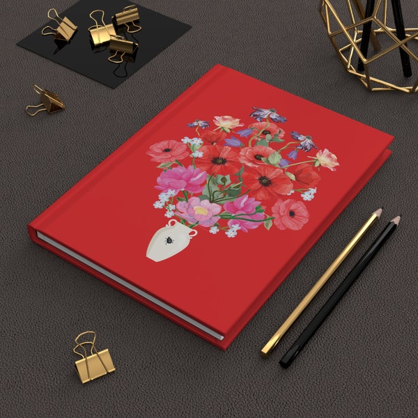 Kurbits Inspired Flower Notebook | Hardcover Journal with 150 lined pages | Vivid Watercolor Blooms on Red Cover