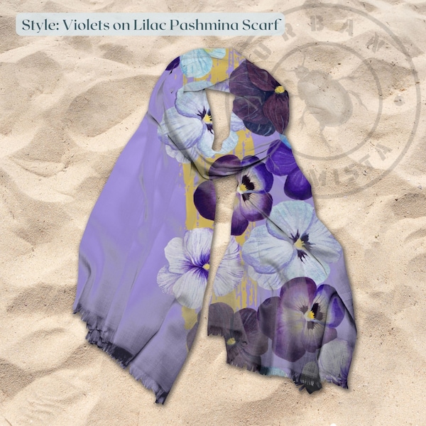 Semi-sheer Pashmina Scarf with Violets on Lilac floral motif | Lightweight and Versatile scarf or wrap | 27 x 73 inches | Free Shipping