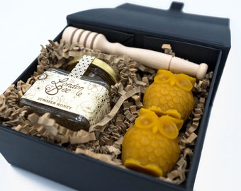 Small Beeswax Candle and  Honey Gift Box - Owls