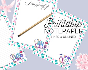May include: Printable notepaper with a pink and teal polka dot border. The notepaper features a stethoscope and the word "RN" in a colourful, cartoon style. The text "Printable Notepaper Lined & Unlined" is also included.