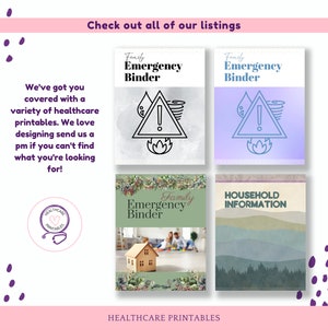 May include: Four printable covers for a family emergency binder. The covers feature a variety of designs, including a warning sign with a tornado, a house, and a mountain landscape. The text on the covers reads "Family Emergency Binder" and "Household Information".
