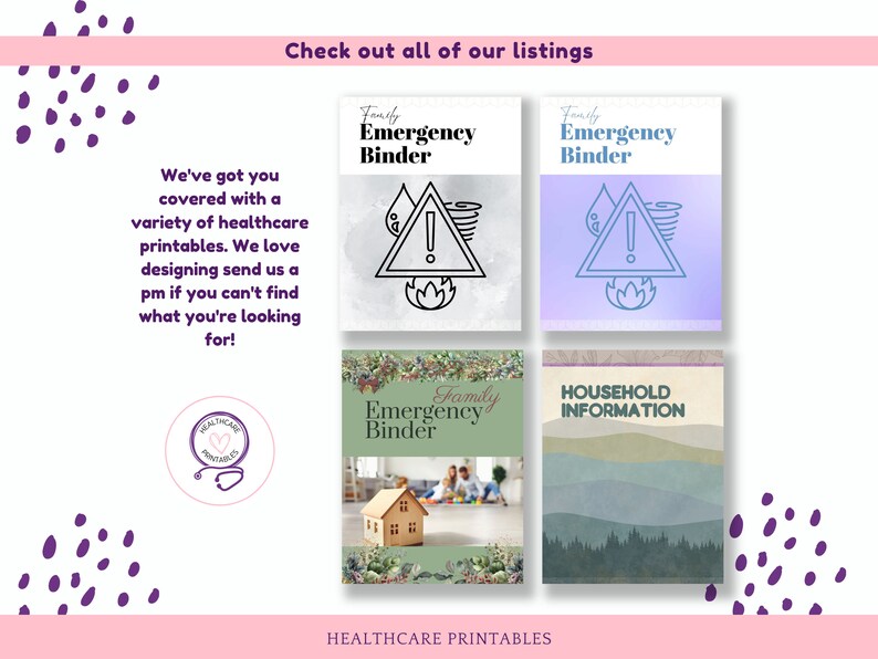 May include: Four printable covers for a family emergency binder. The covers feature a variety of designs, including a warning sign with a tornado, a house, and a mountain landscape. The text on the covers reads "Family Emergency Binder" and "Household Information".