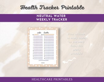 May include: Printable water tracker with a neutral color scheme. The tracker has a polka dot background and a grid for tracking daily water intake. The text "water tracker" is at the top of the page. The text "Print at home as many copies as you need. Enjoy this pretty printable!" is on the right side of the page.