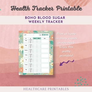 Könnte beinhalten: Ein druckbarer Gesundheitstracker mit dem Text "Health Tracker Printable" und "BOHO BLOOD SUGAR WEEKLY TRACKER". Das Design zeigt einen floralen Rand und eine wöchentliche Blutzucker-Tracking-Tabelle. Der Hintergrund ist ein weiches Rosa.