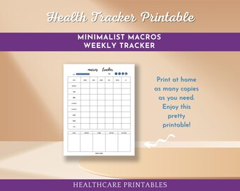 May include: Printable weekly macro tracker with a minimalist design. The tracker has columns for each day of the week and rows for macros, calories, and notes. The tracker is in black and white with blue accents.
