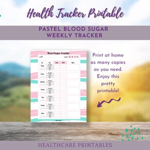 Könnte beinhalten: Druckbarer, pastellfarbener rosa-blauer Blutzucker-Tracker mit wöchentlicher Aufteilung. Der Tracker hat Spalten für Tag, vor dem Essen, nach dem Essen und Notizen. Der Text "Blood Sugar Tracker" befindet sich oben auf der Seite.