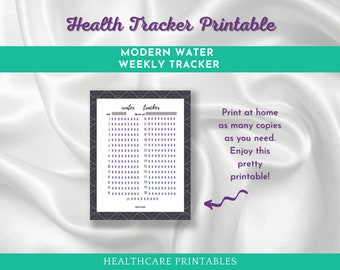 May include: Printable water tracker with a modern design. The tracker has a grid of squares for marking off daily water intake. The text "water tracker" is at the top of the page.