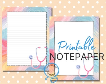 May include: Printable notepad featuring a colourful abstract background with a stethoscope. The text "Printable NOTEPAPER" is written in blue on the notepad.