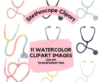 Watercolor Stethoscope Clipart – 11 PNG Bundle –  Future Nurse Doctor Illustrations for Sublimation and Crafts - Medical Art