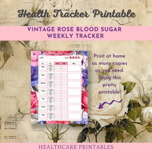 Könnte beinhalten: Druckbarer Blutzucker-Tracker mit einem Vintage-Rosen-Design. Der Tracker hat Spalten für Tag, vor dem Essen, nach dem Essen und Notizen. Der Text "Drucken Sie zu Hause so viele Kopien, wie Sie benötigen. Genießen Sie diesen hübschen Ausdruck!" ist auf dem Bild geschrieben.