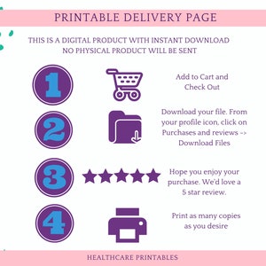 May include: Purple and blue illustrated steps on a white background with instructions for downloading a digital product. The steps include adding to cart, downloading the file, leaving a review, and printing the file.