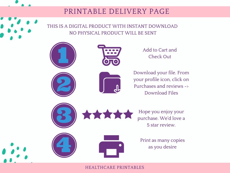 May include: Purple and blue illustrated steps on a white background with instructions for downloading a digital product. The steps include adding to cart, downloading the file, leaving a review, and printing the file.