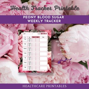 Könnte beinhalten: Druckbarer Blutzucker-Tracker mit einem floralen Design mit rosa Pfingstrosen. Der Tracker hat Spalten für Tag, vor dem Essen, nach dem Essen und Notizen. Der Text "Blood Sugar Tracker" befindet sich oben auf der Seite.