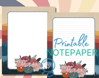 May include: Printable notepad featuring a retro sunset landscape with a floral design and the word "Nurse" in a groovy font. The notepad has lined pages for writing.