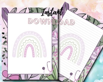 Puede incluir: Descarga digital imprimible de dos páginas con un fondo floral y un diseño de arcoíris. La primera página tiene un arcoíris con un estetoscopio. La segunda página tiene papel rayado con un arcoíris y un estetoscopio.