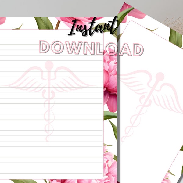 Floral peony Caduceus Healthcare Printable Stationery HP-PS100G | Feminine Lined and Unlined Paper | Healthcare Printable Journal Pages