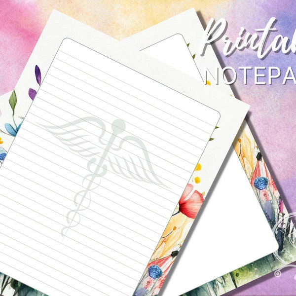 Floral Caduceus Healthcare Printable Stationery HP-PS100F | Feminine Lined and Unlined Paper | Healthcare Printable Journal Pages