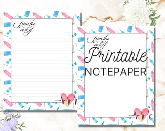 May include: Printable notepad featuring a blue and pink medical syringe pattern with the text "From the desk of Printable Notepad" and a pink heart with a heartbeat line.