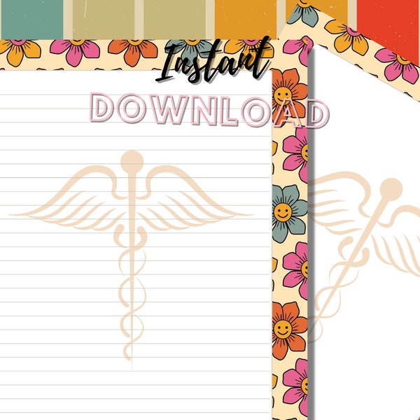 Retro Floral Healthcare Printable Stationery HP-PS100K | Masculine Lined and Unlined Paper | Healthcare Printable Journal Pages