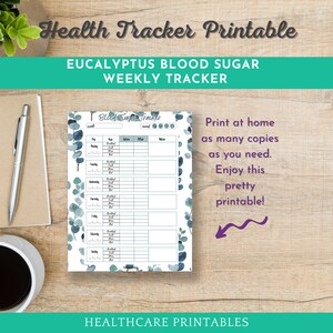 Könnte beinhalten: Druckbarer wöchentlicher Blutzucker-Tracker mit einem Eukalyptus-Blatt-Design. Der Tracker hat Spalten für Tag, vor dem Essen, nach dem Essen und Notizen. Drucken Sie zu Hause so viele Kopien wie Sie benötigen. Genießen Sie diesen hübschen Ausdruck!