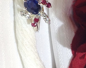 Sparkling Red, White and Blue Ring ~ 925 Sterling Silver ~ Size 6