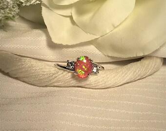 Sparkling Pink Opal Cabochon Accented Ring ~ 925 Sterling Silver ~ Size 8