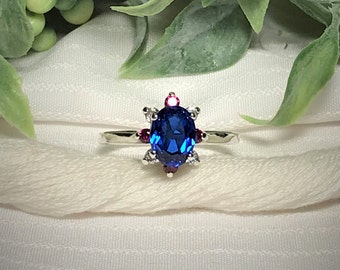Sparkling Red, White and Blue Ring ~ 925 Sterling Silver ~ Size 6.75