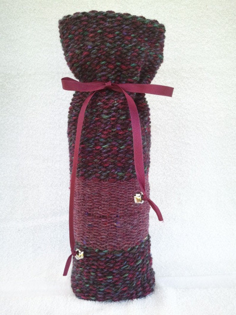 Wool in shades of purples teal /& green Wine Bottle Bag #14W70. Handwoven