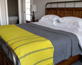 Custom Bed Scarf - Bed Runner - King Size - "Yellow  with Grey Stripe".