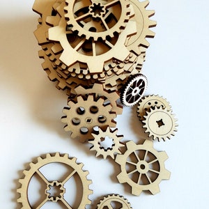 Laser Cut Wood Steam Punk Style Gear Variety Pack 24x ( Decoupage, Mixed Media, Scrap Booking, STEM DIY, Robotic Theme )