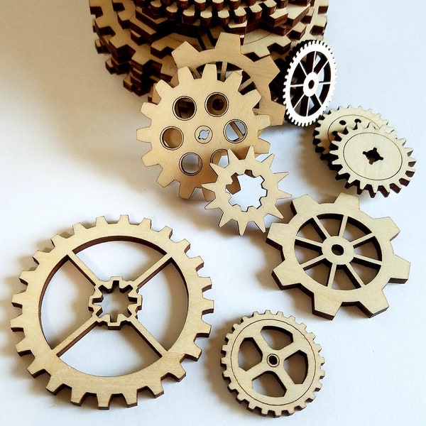 Set of 12 Wooden Steam Punk Style Gear Cut Outs  ( Decoupage, Mixed Media, Scrap Booking, STEM DIY, Robotic Theme )