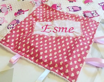 PERSONALISED Baby Taggy Blanket Comforter Pink Blue Boy Girl ANY NAME Taggie