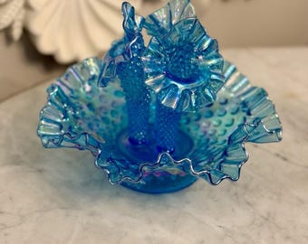 Fenton Blue Iridescent Hobnail Epergne Centerpiece Vase 3 Horn Art Glass