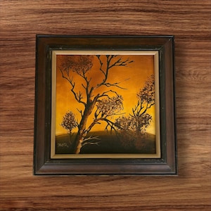 Vintage Oil Painting of Tree at Sunset | 1960s–70s Silhouette Landscape | Glowing Orange Sky Art