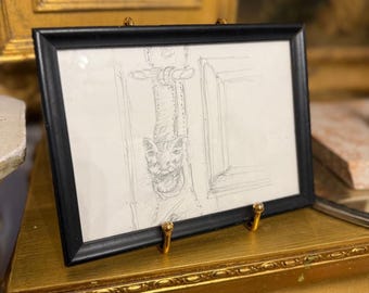 Early 1900s European Grotesque Pencil Sketch | Framed Architectural Detail