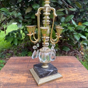 Vintage Brass Crystal Candelabra | 5-Arm Girandole | Hollywood Regency Style | Marble Base Candle Holder | French Glam Decor