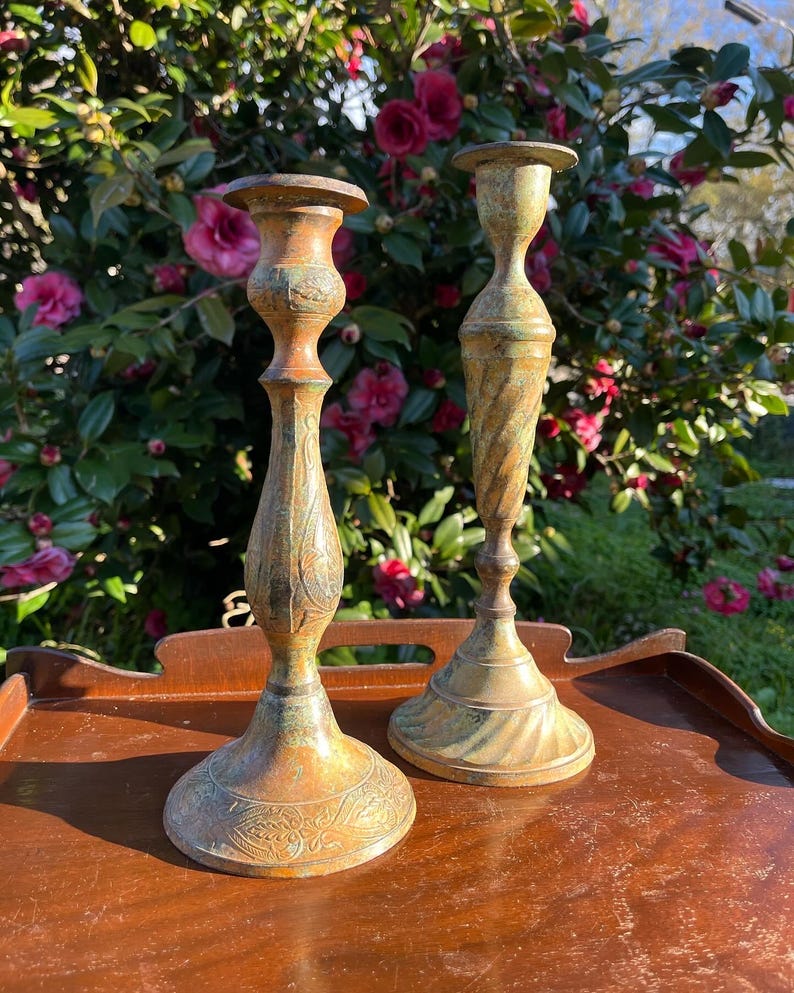 Metal Patina Candlestick Holder Pair, Rustic Candle Holder, Set of 2 ...