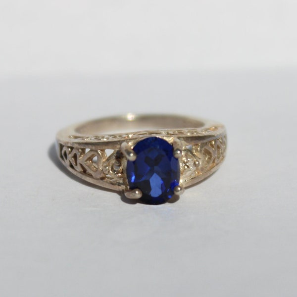 Blue Stone Heart Filigree Silver Ring