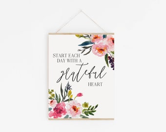 Start Each Day With a Grateful Heart / chalkboard / peonies / watercolor / floral / inspirational / feminine / quote